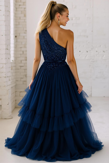 Sparkly Navy One Shoulder Sequins A Line Long Wedding Guest Dress with Ruffles